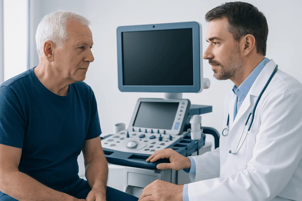 Urologist consulting with patient in medical office with ultrasound equipment.