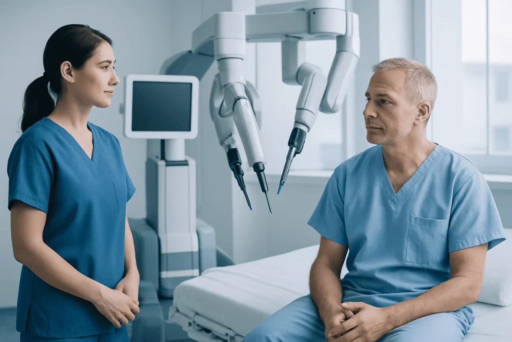 Urologist and patient discussing prostate surgery in a modern clinic.
