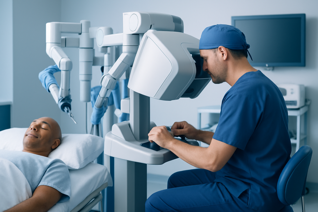 Urologist performing a prostate exam with advanced medical equipment.