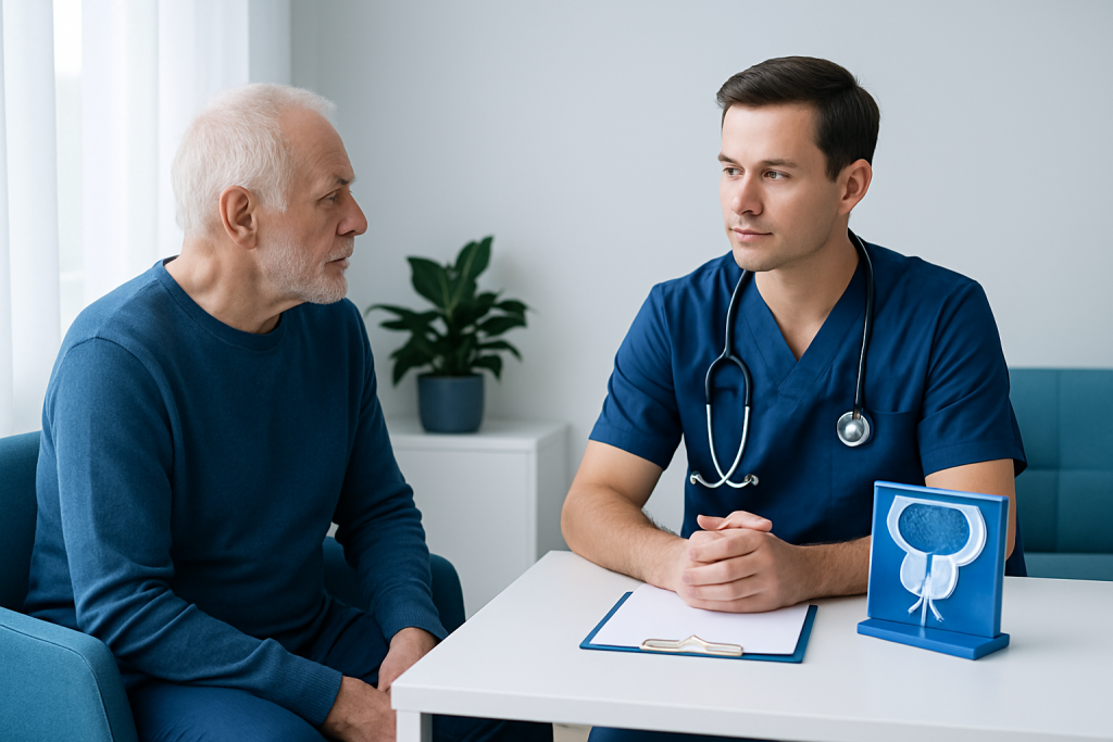 Urologist consulting with elderly male patient about prostate health.