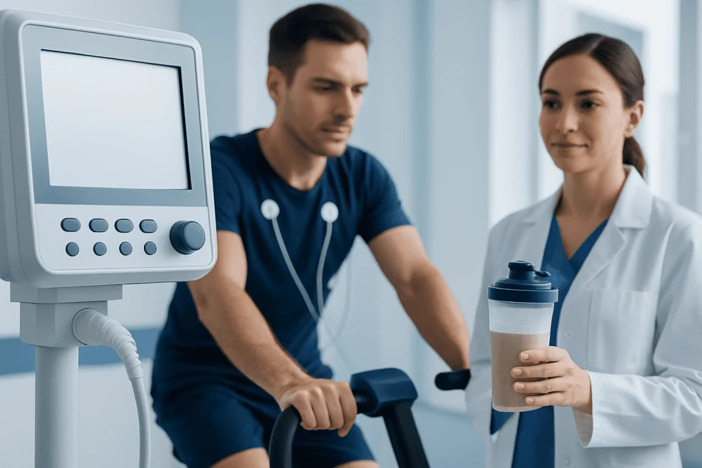 Medical professional with patient on exercise bike at Acibadem Hospital.