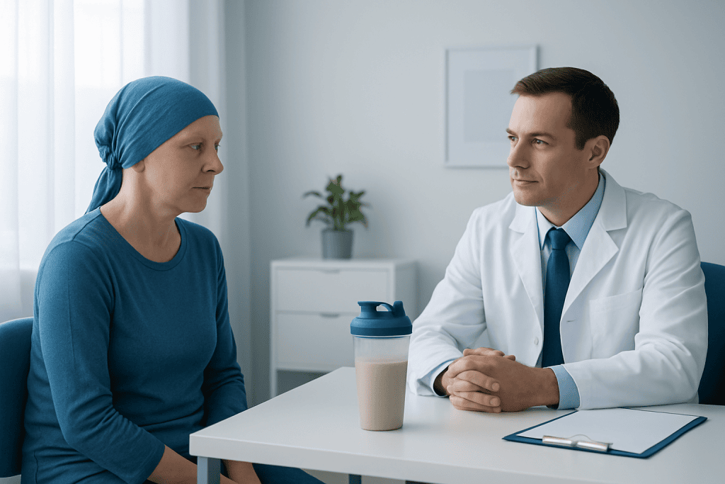 Doctor consulting a cancer patient in a medical office.