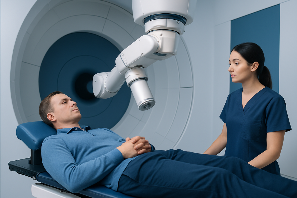 Patient undergoing proton therapy with advanced medical equipment at Acibadem Hospital.