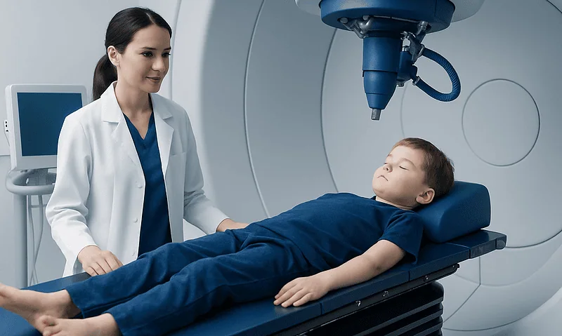 Child undergoing proton therapy in a hospital MRI machine with medical staff present.