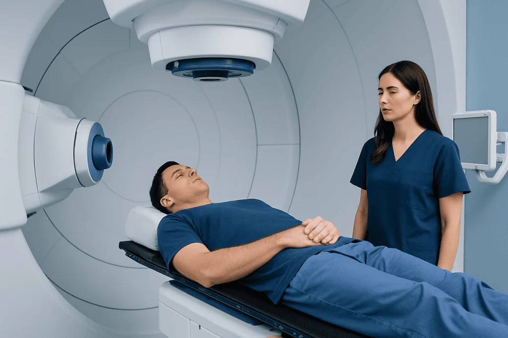 Patient undergoing proton therapy in a modern medical facility.