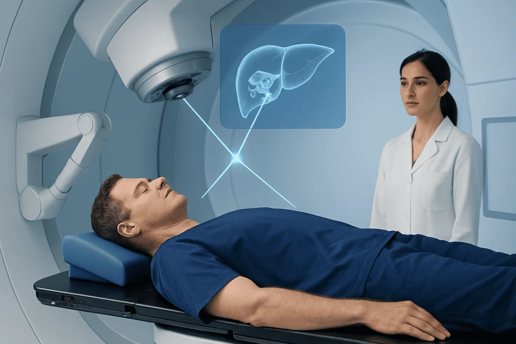 Patient undergoing proton therapy for liver cancer at Acibadem Hospital.
