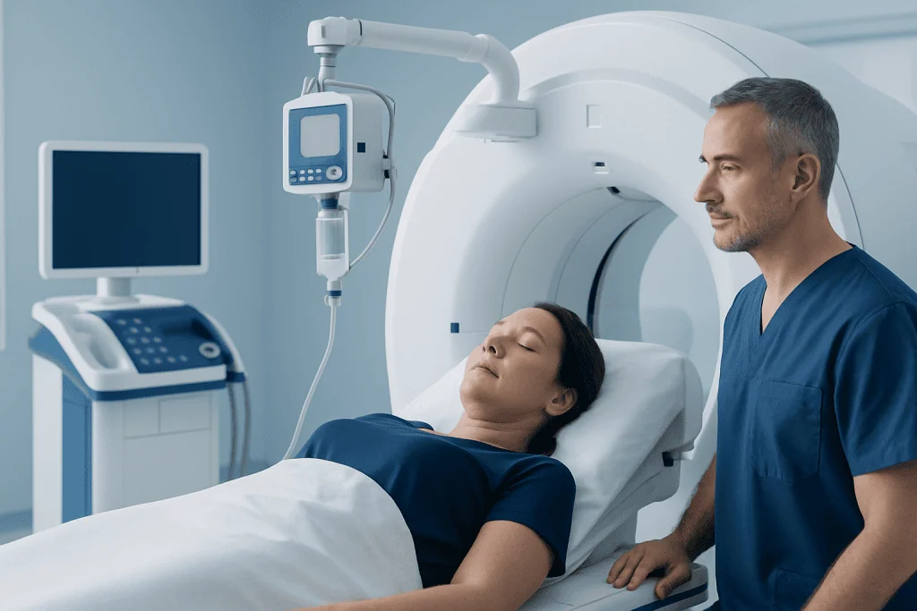 Patient undergoing Prrt treatment in a modern hospital setting.
