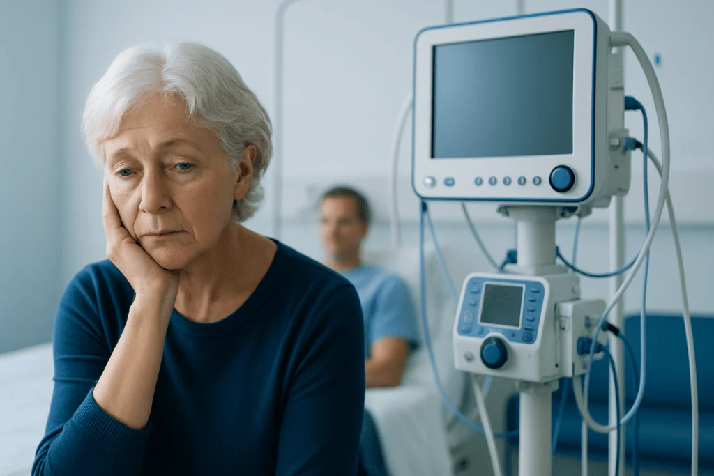 Elderly woman in hospital with medical monitors and healthcare staff in background.
