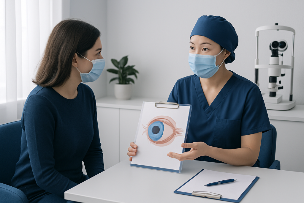 Ophthalmologist explaining eye health to patient with eye diagram.