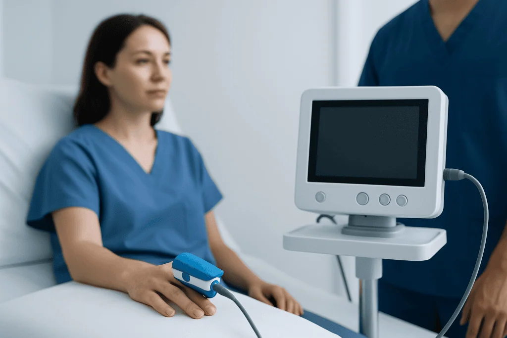 Patient undergoing pulse oximetry test in a hospital setting.