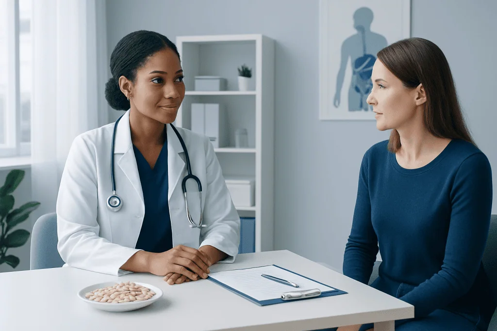 Doctor consulting with patient in a modern medical office setting.