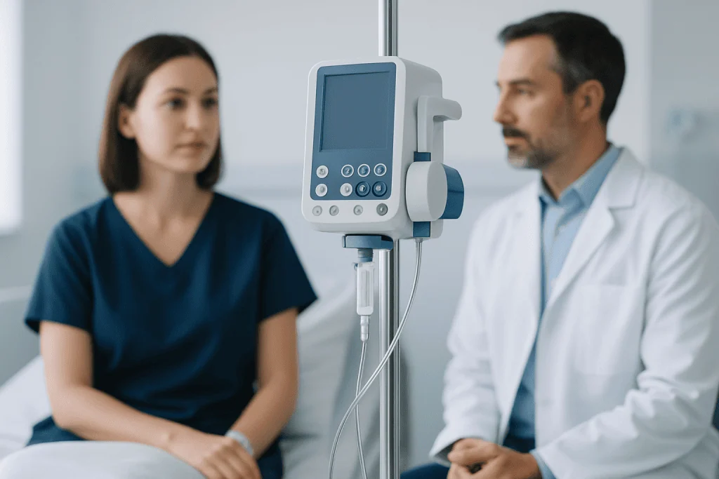 Doctor and patient in consultation with medical monitor in hospital.
