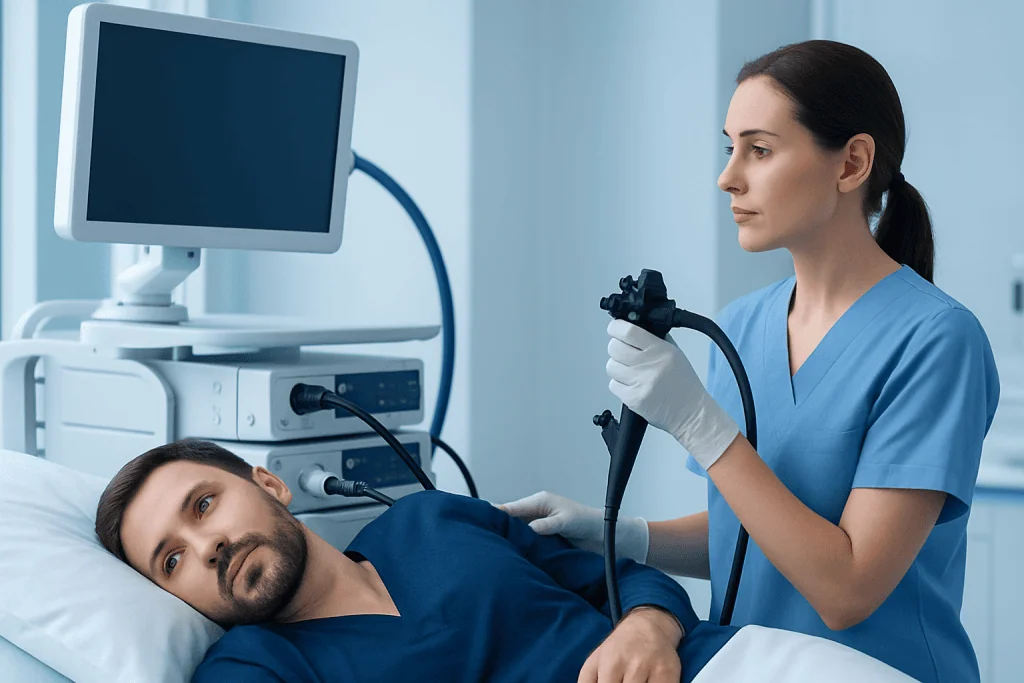 Doctor performing endoscopy on male patient in hospital setting.