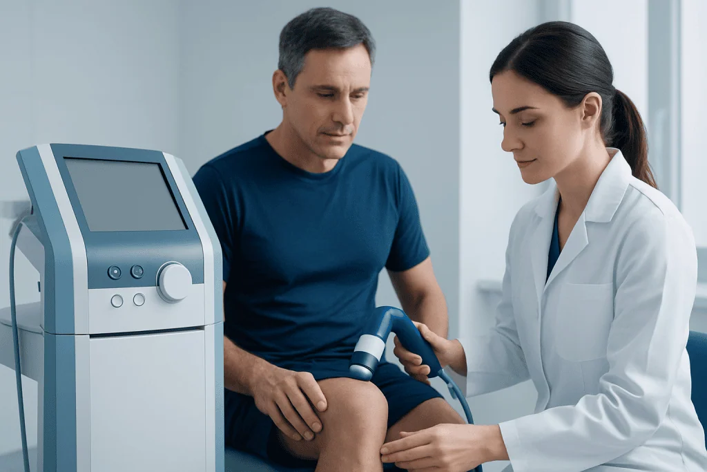 Medical professional performs ultrasound therapy on patient's knee.