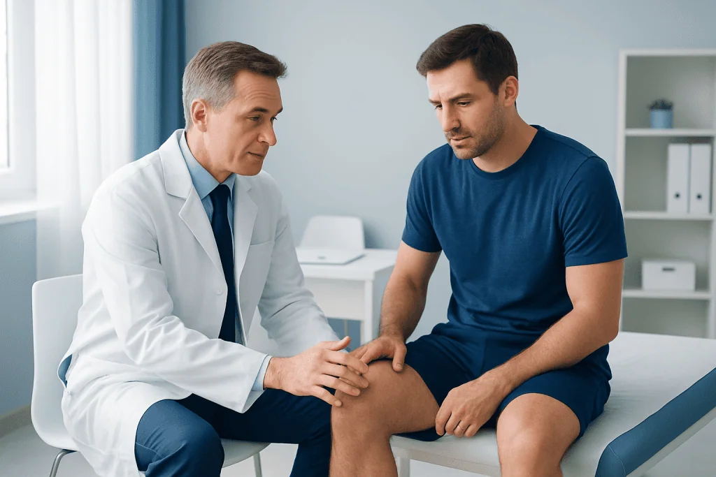 Doctor examining patient's knee for quad tendon pain treatment options.