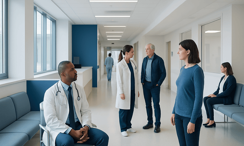 Medical staff and patients in a hospital corridor at Acibadem Hospitals Group.