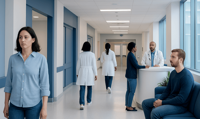 Hospital corridor with patients and staff at Acibadem Hospitals Group.