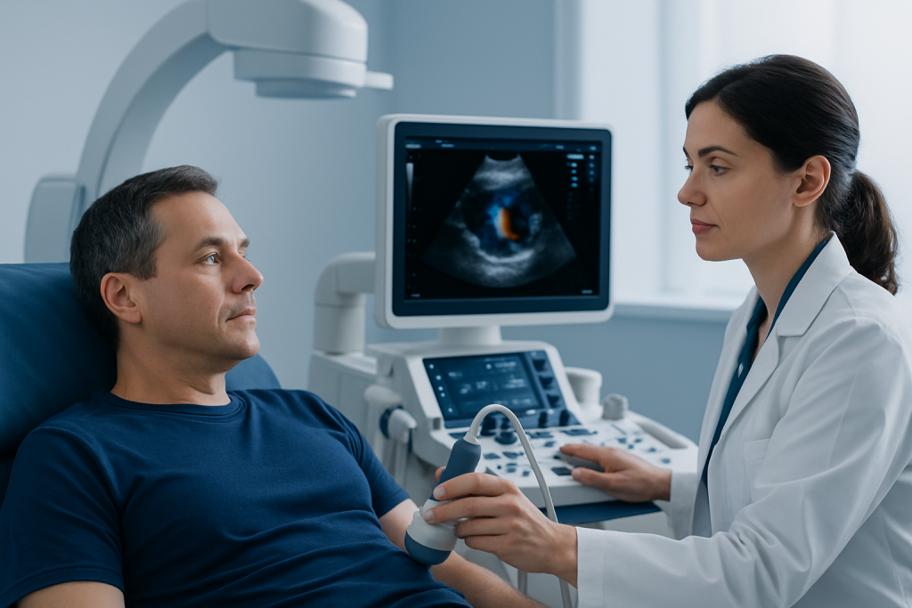 Doctor performing an echocardiogram on a patient in a hospital room.