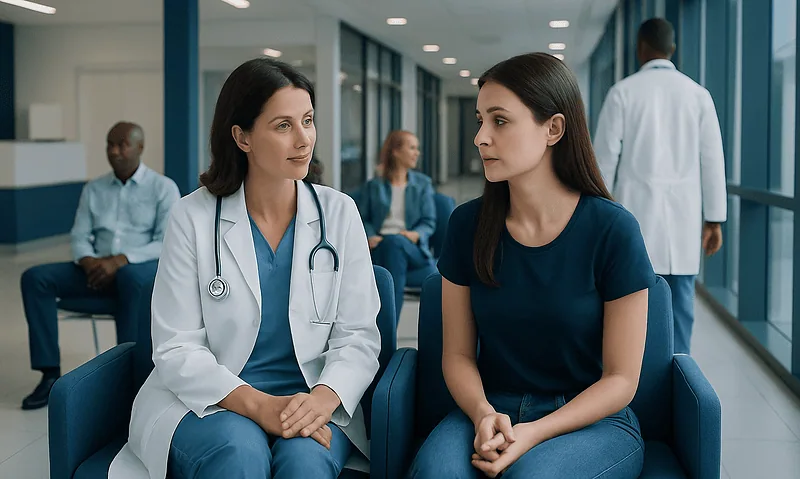 Doctor consulting with a young female patient in a hospital corridor.