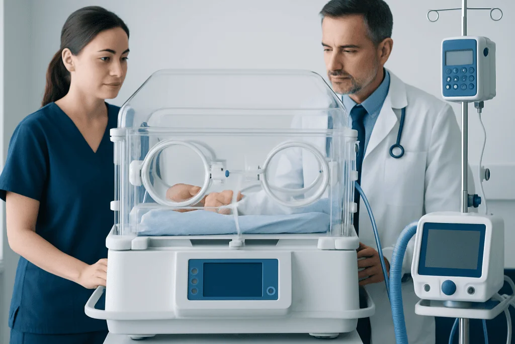 Neonatal incubator with medical staff in hospital setting.