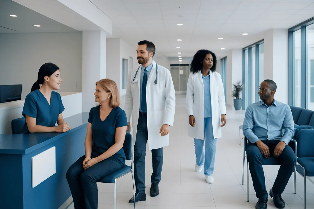 How Long Does Phentermine Take to Start Working? 1 Medical team consulting with patients in a modern hospital corridor.