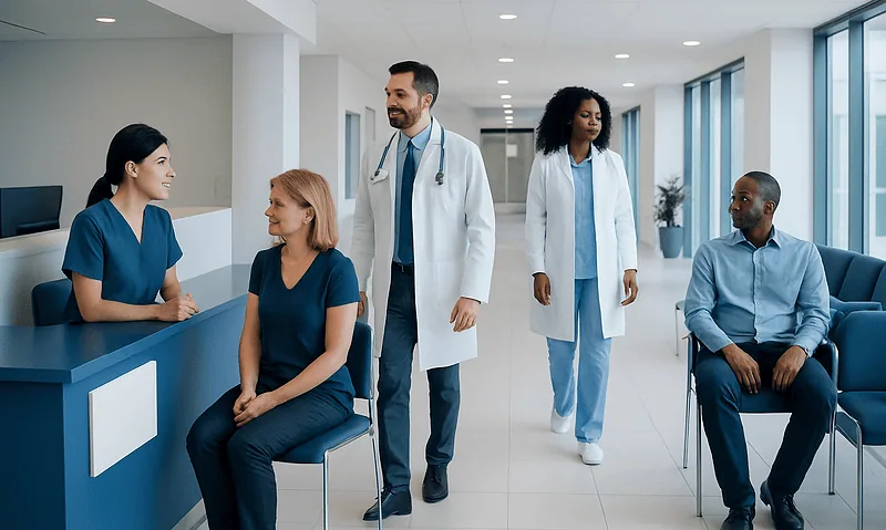 Medical team consulting with patients in a modern hospital corridor.