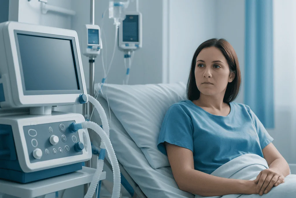 Patient in hospital bed connected to medical ventilator and monitors.