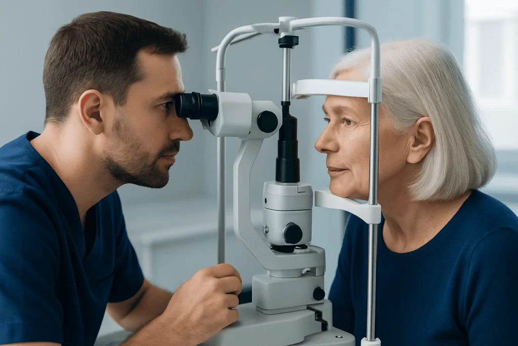 Ophthalmologist examining elderly woman's eye with slit lamp.