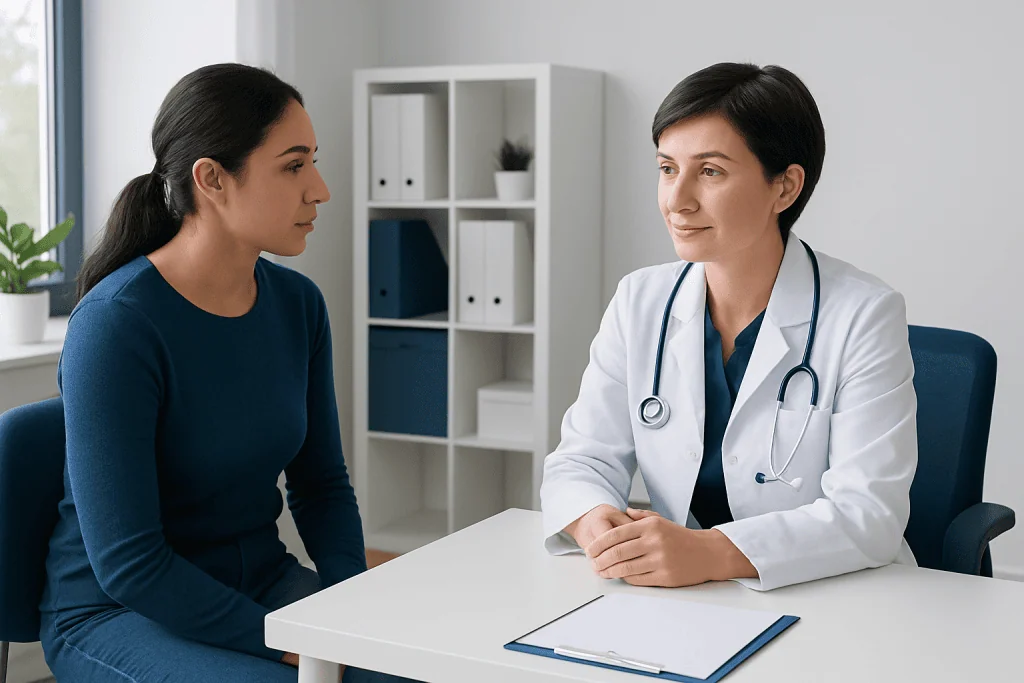 Doctor consulting with a patient in a modern medical office.