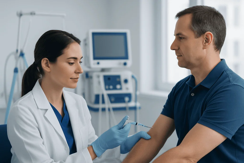 Doctor administering rabies vaccine to a patient in a clinical setting.