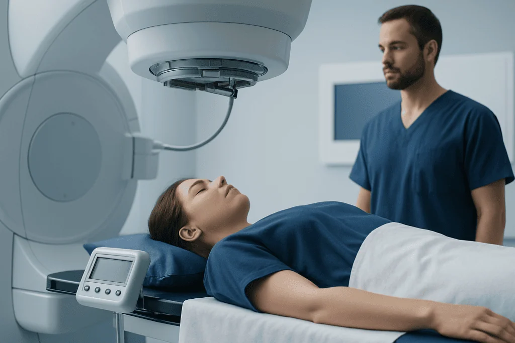Patient undergoing radiation therapy in a modern medical facility.