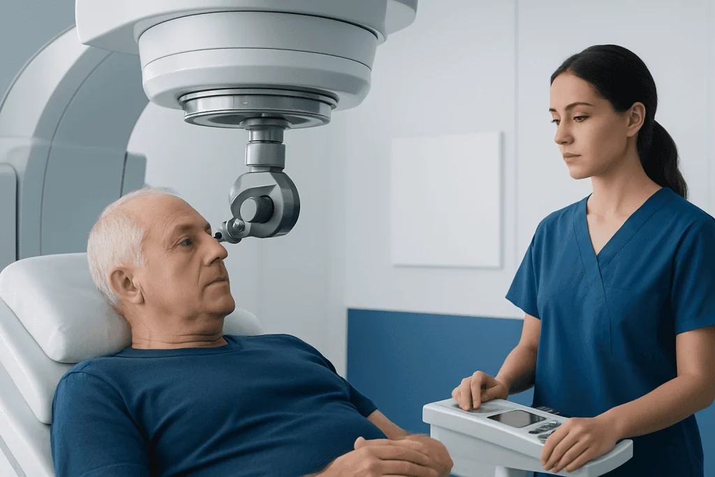 Patient undergoing radiation therapy with medical staff monitoring.