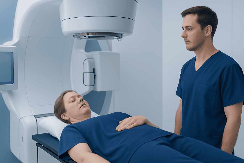 Patient undergoing radiation therapy in a medical facility.