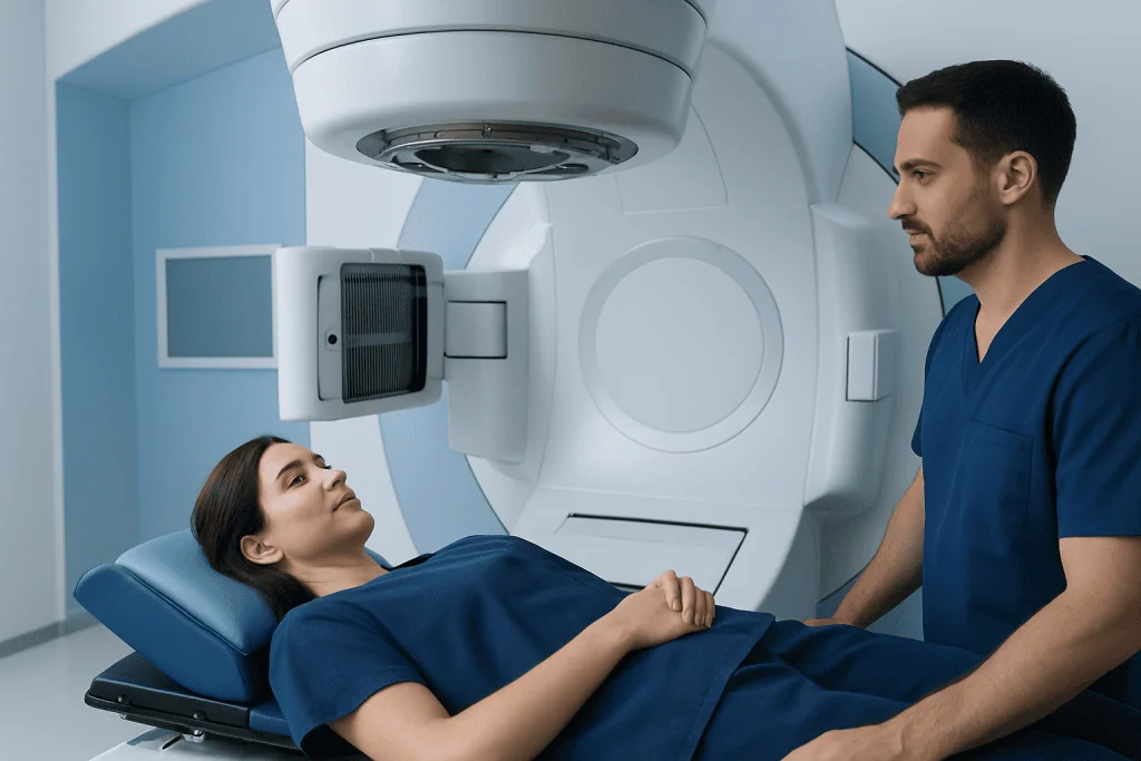 Patient undergoing radiation therapy in a modern hospital setting.