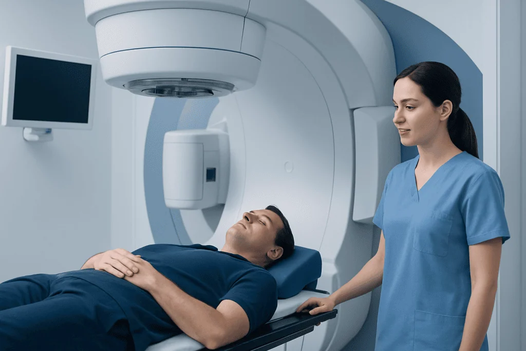 Patient undergoing radiation therapy in a modern hospital setting.