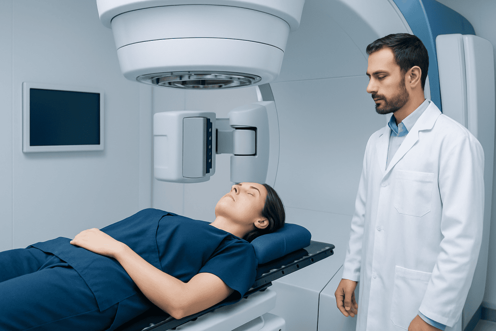 Patient undergoing radiation therapy in a modern hospital setting.