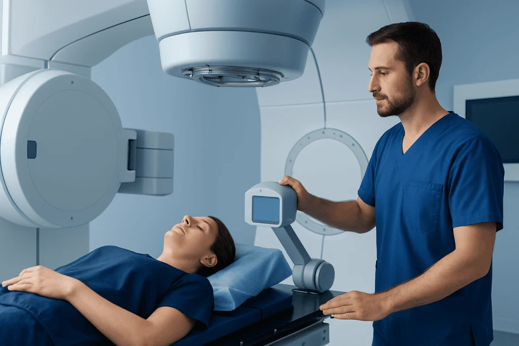 Radiation therapy session at Acibadem Hospital with medical staff and patient.