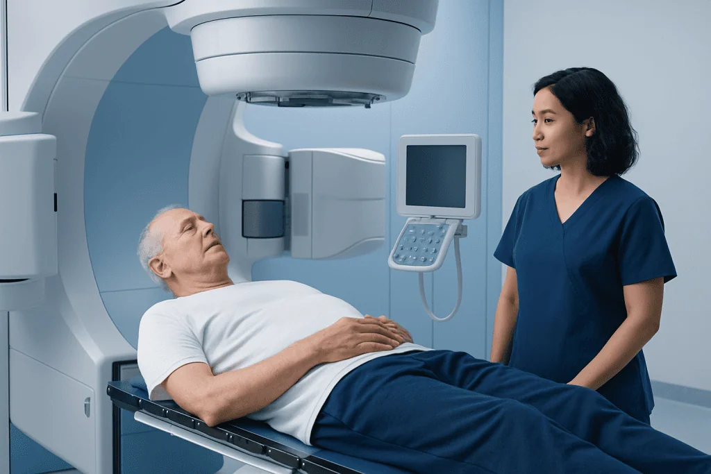 Patient undergoing radiation therapy in a modern medical facility.