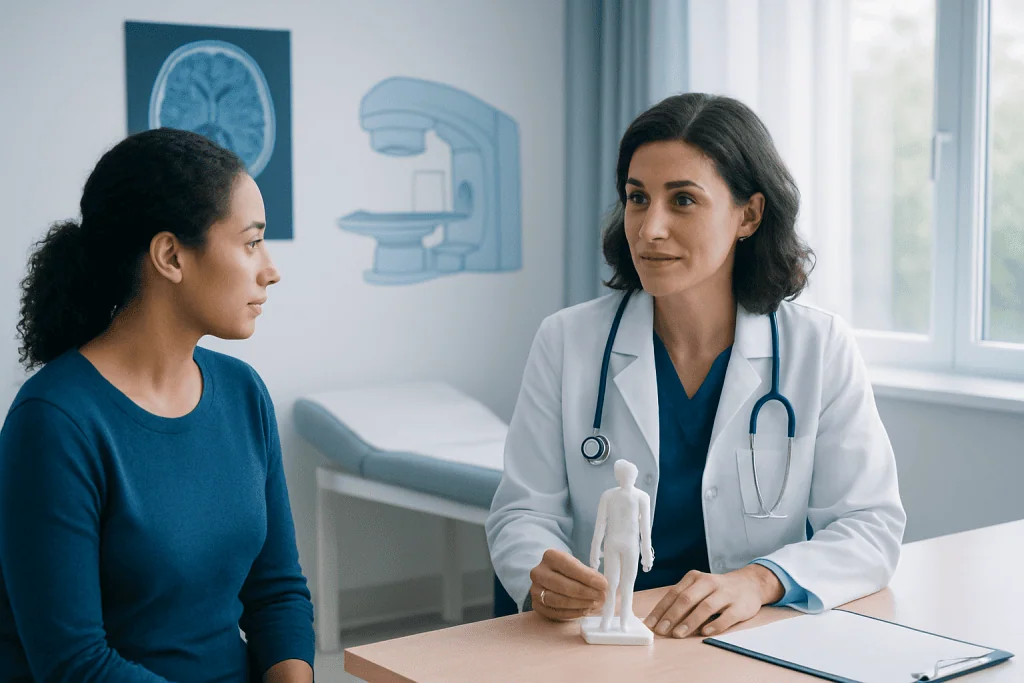 Doctor explaining radiation therapy to a patient in a clinic room.