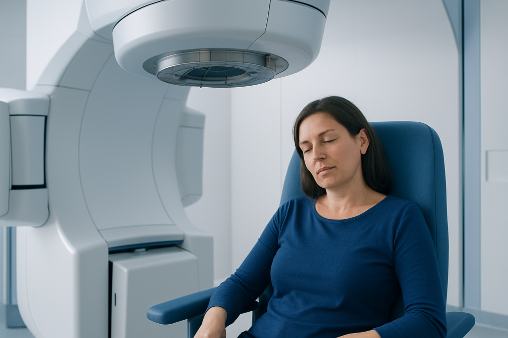 Woman undergoing radiation therapy in a medical facility.