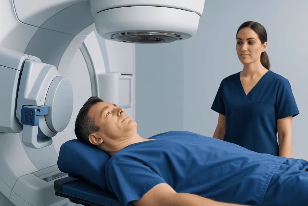 Patient undergoing radiation therapy with medical staff present.