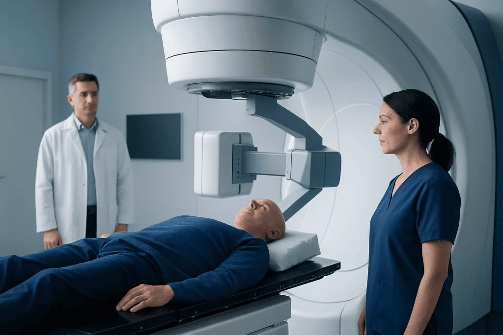 Patient undergoing radiation therapy in a modern medical facility.