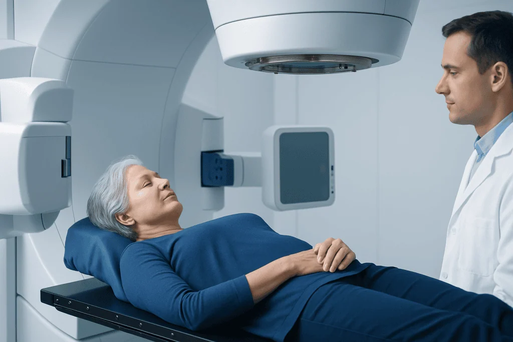 Patient undergoing radiation therapy in a modern medical facility.