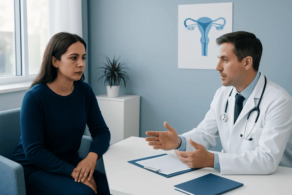 Doctor consulting with a patient in a medical office with reproductive health diagram.