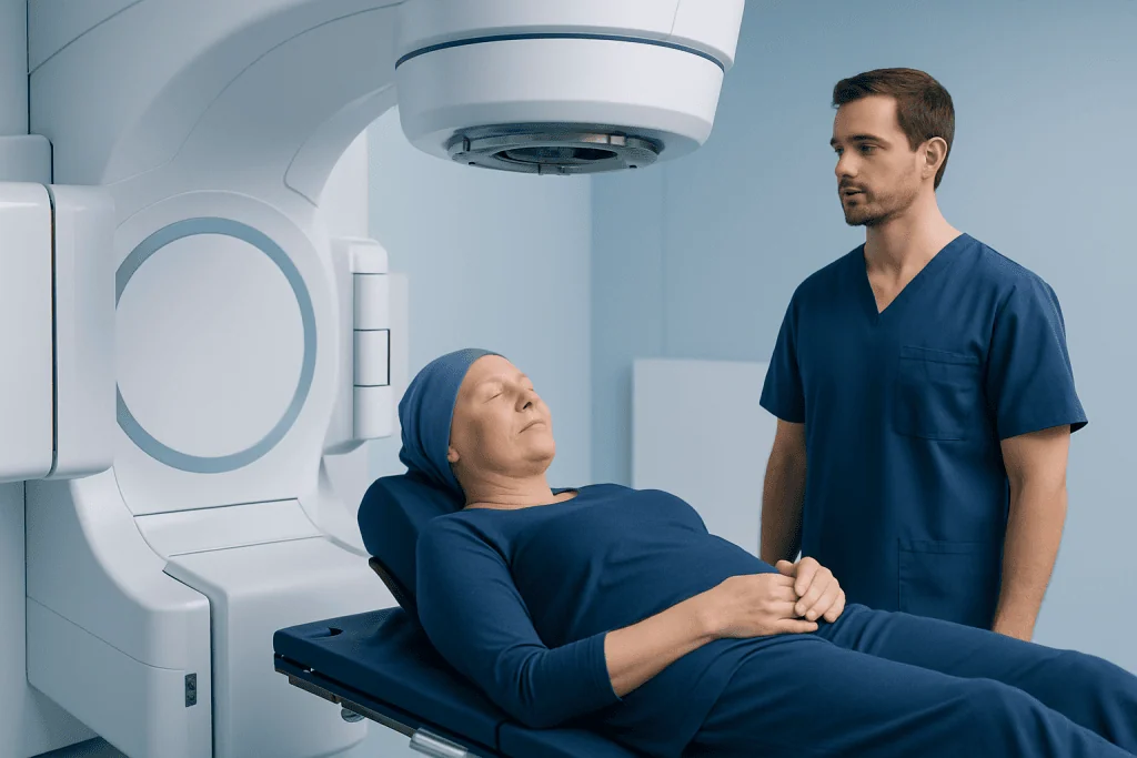 Patient undergoing radiotherapy treatment in a hospital setting.