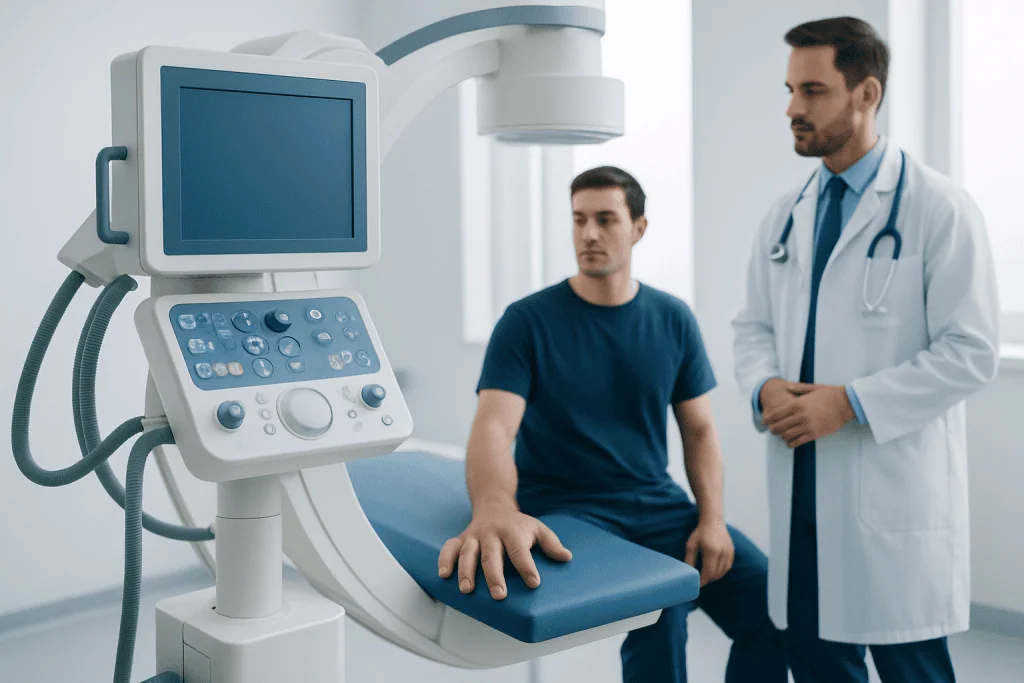 Doctor and patient in a medical examination room with ultrasound equipment.
