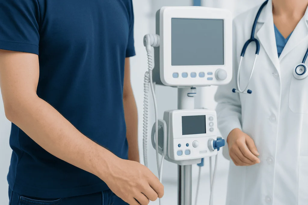 Doctor and patient in a medical examination room with monitoring equipment.