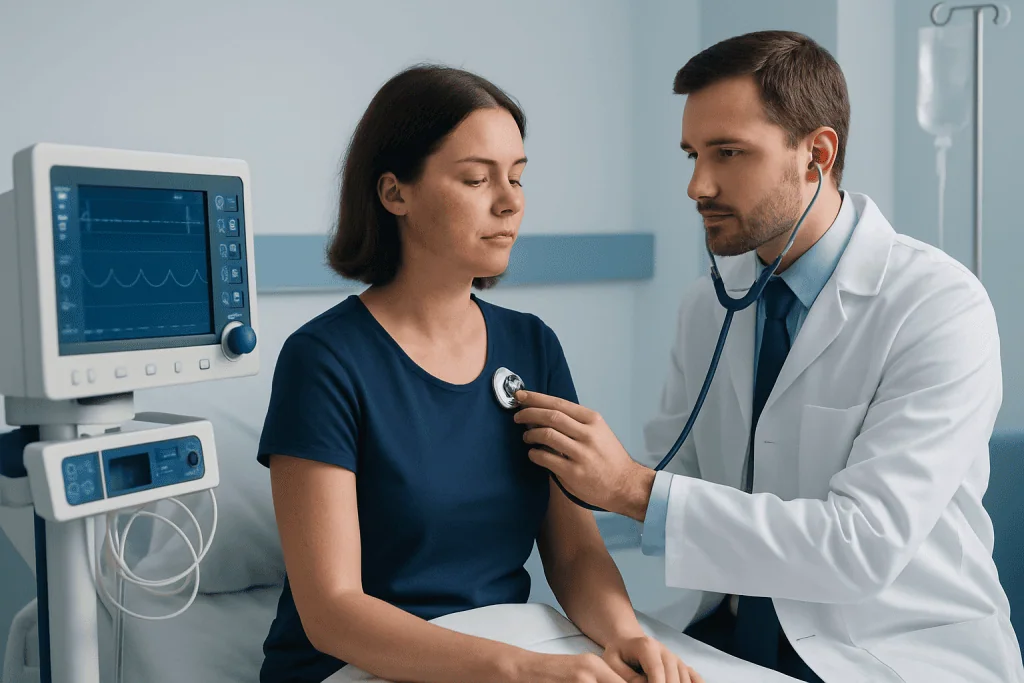 Doctor examining a patient with medical equipment in a hospital room.