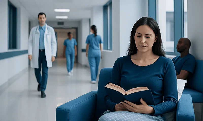 Female patient reading in hospital corridor with medical staff in background.