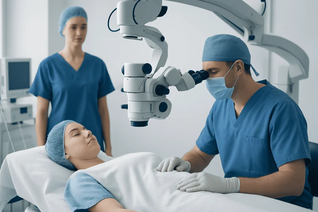 Surgeon performing reconstructive surgery with advanced microscope equipment.